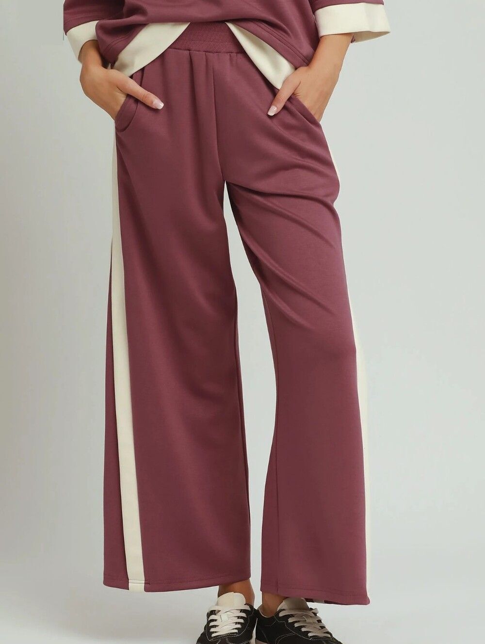 Last Day ◇ Umgee Colorblock Side Stripe Lounge Trouser in Rose w Cream Trim sz L - Picture 2 of 5